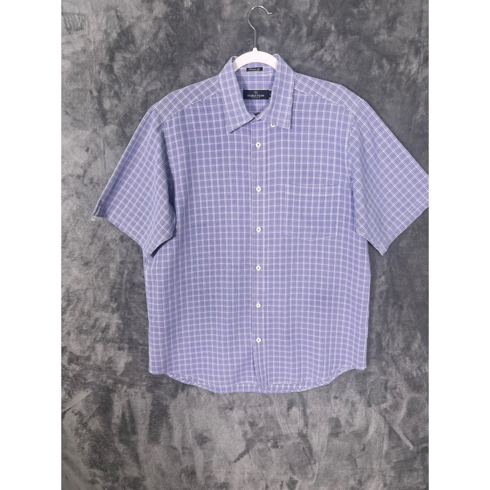 Bugatchi Uomo Mens Large Purple White Micro Check Short Sleeve Button Down Shirt